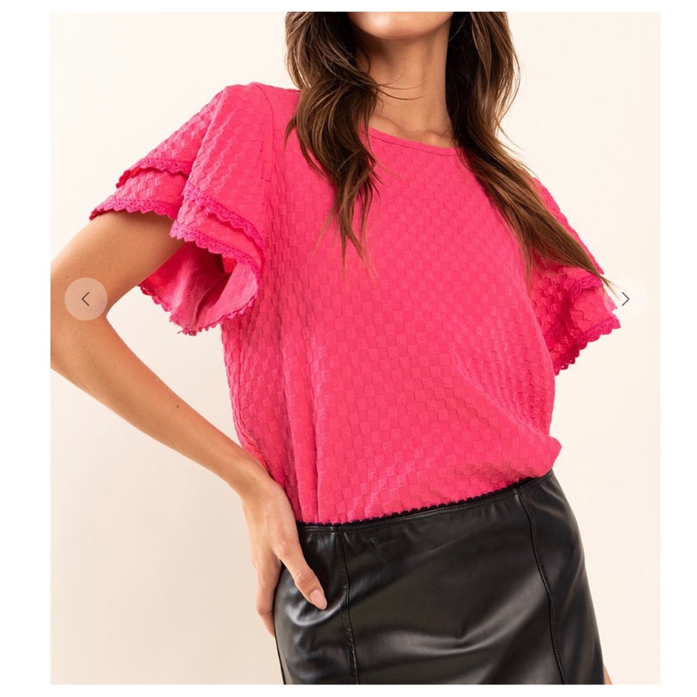 35 Boho Textured Double Ruffle Short Sleeve Top - Picture 7 of 7